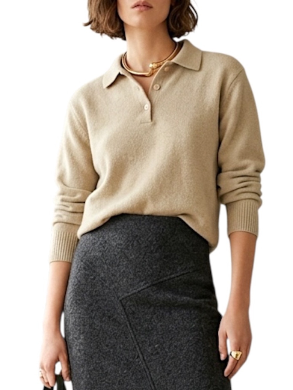 VTG 80s 90s quiet luxury beige wool Angora blend polo style minimalist sweater M